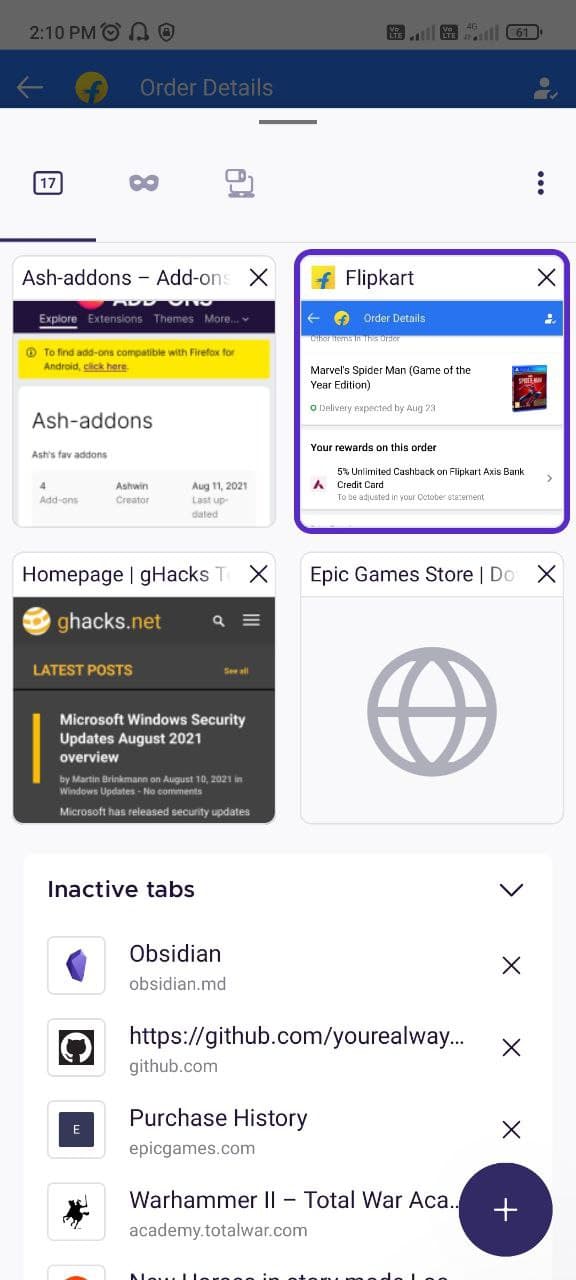 Firefox Nightly on Android - Inactive Tabs tray