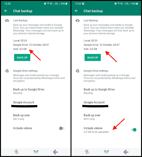 Screenshot depicting the WhatsApp backup size with and without videos