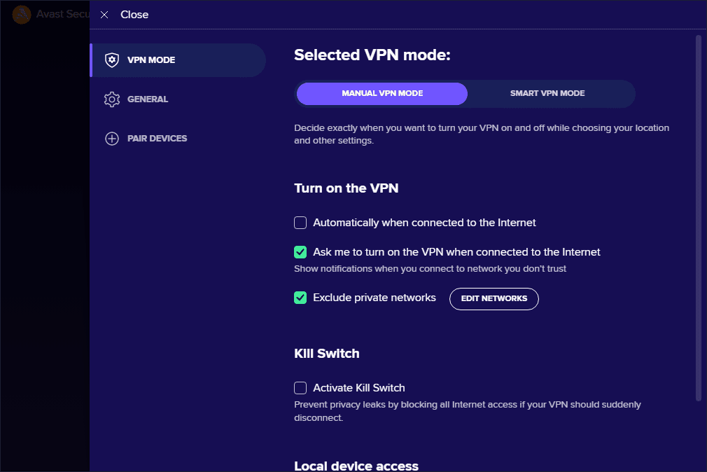 avast vpn settings