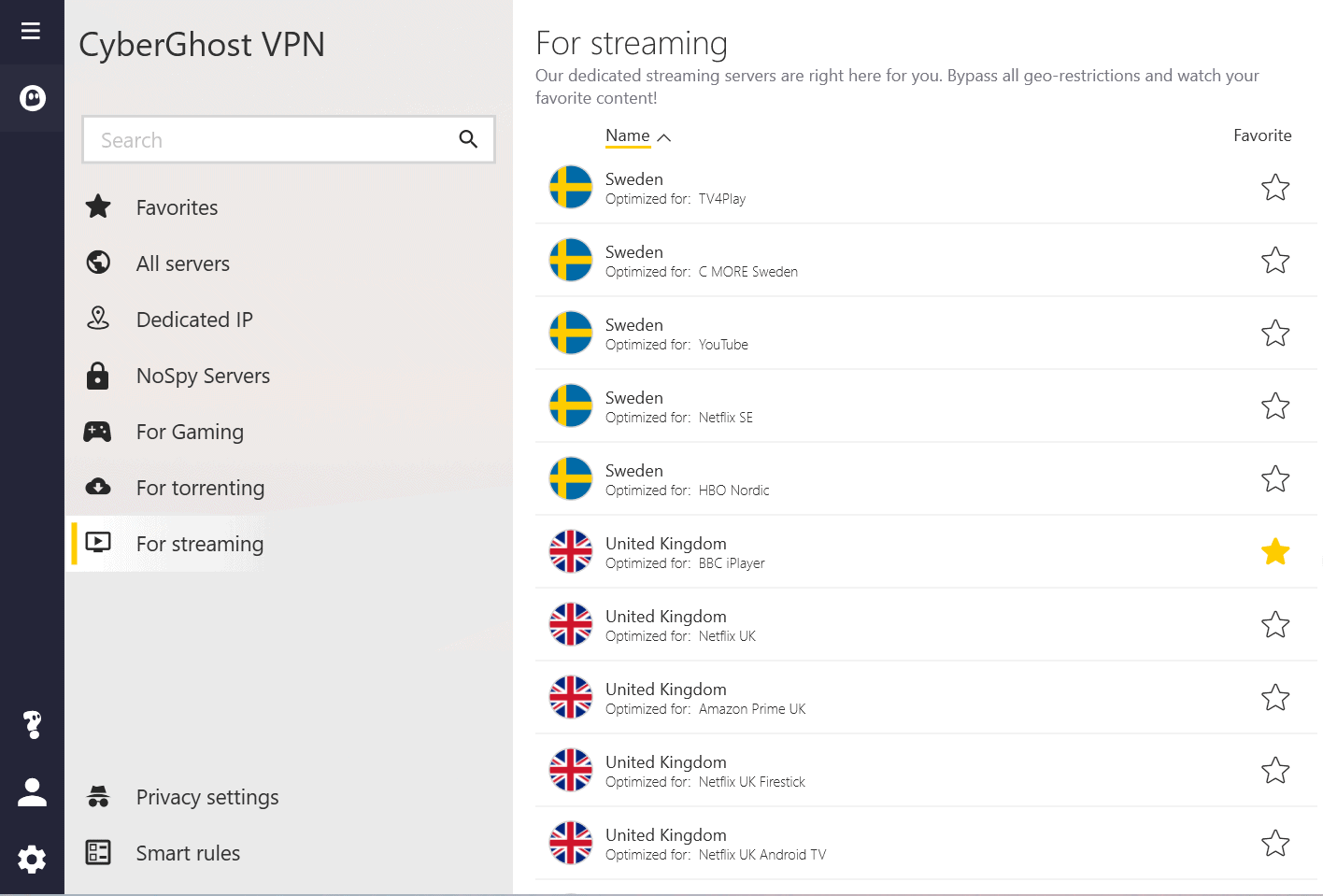 cyberghost streaming servers