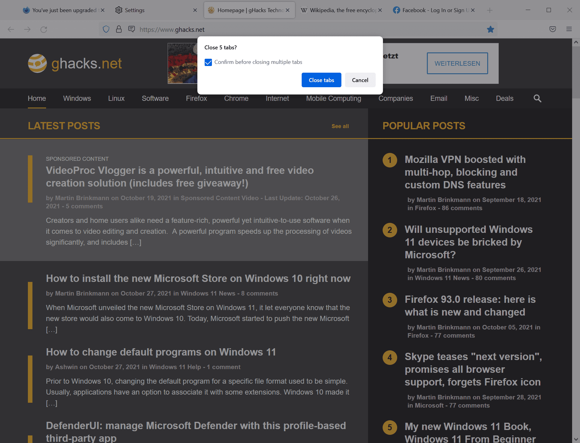 Firefox won't prompt anymore when you are closing multiple tabs, but there is an option to enable it