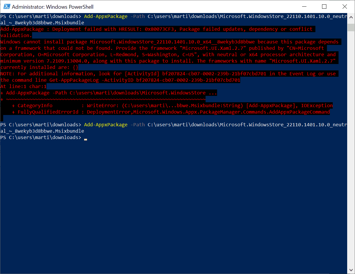 powershell install new microsoft store