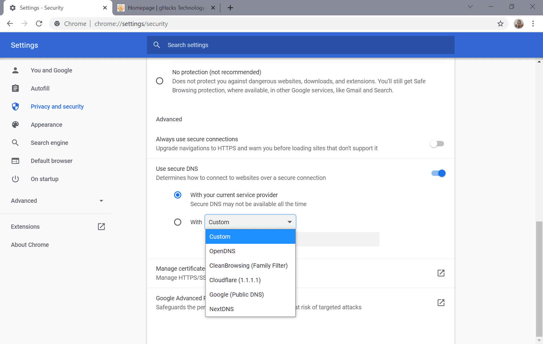 secure dns google chrome