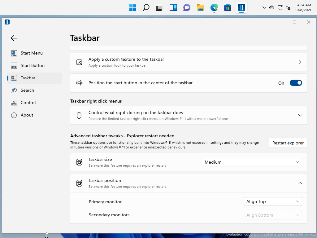 start11 taskbar configuration