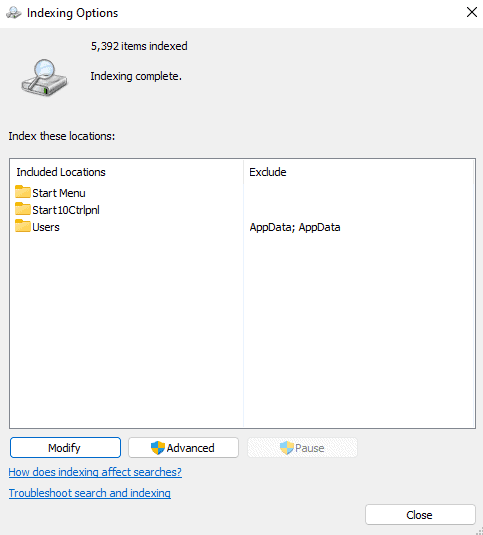 indicizzazione di ricerca di Windows 11