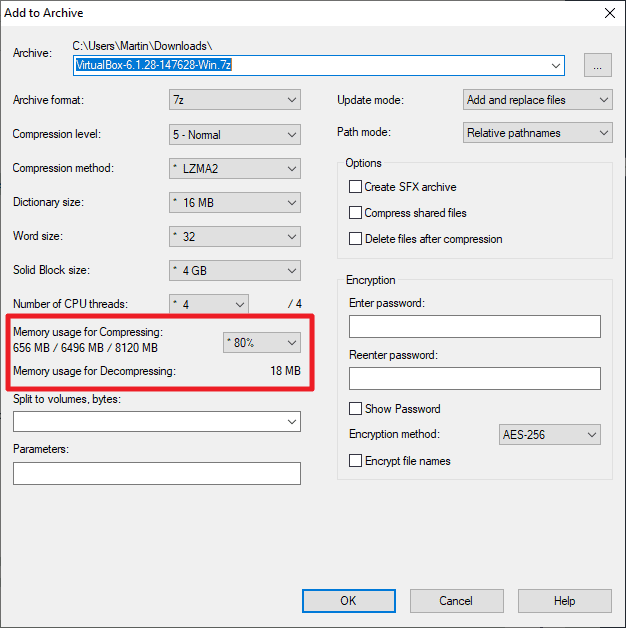 7-zip memory usage