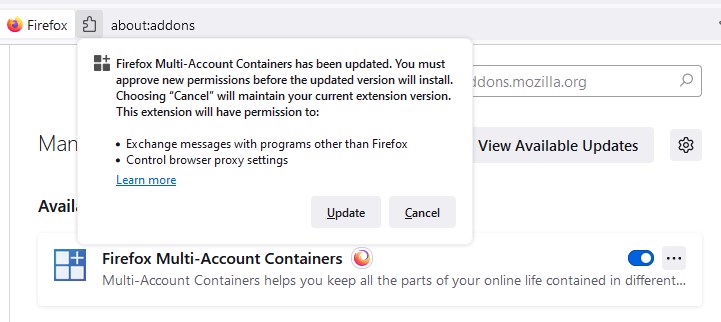 Firefox Multi-Account Containers requires permissions to exchange messages with other programs