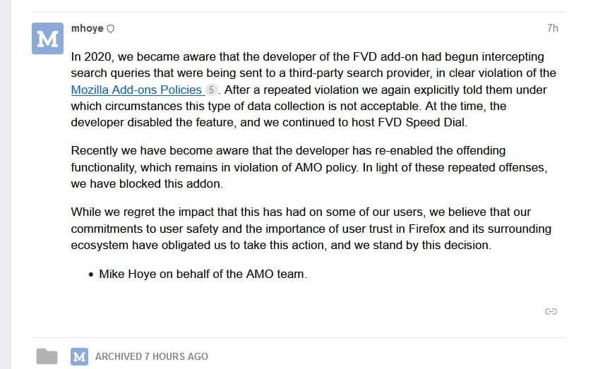 Mozilla statement about FVD Speed Dial