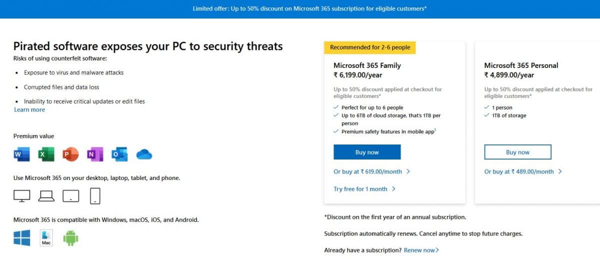 Gli utenti piratati di Office ricevono un'offerta di sconto per un abbonamento a Microsoft 365