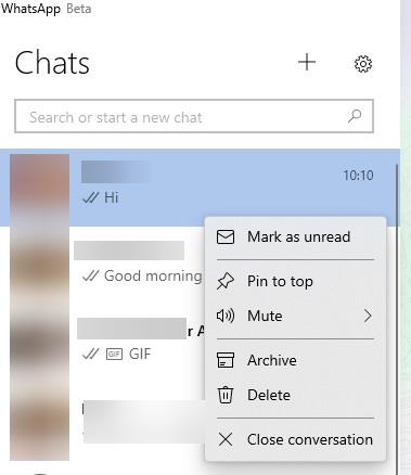 WhatsApp beta - menu contestuale della chat