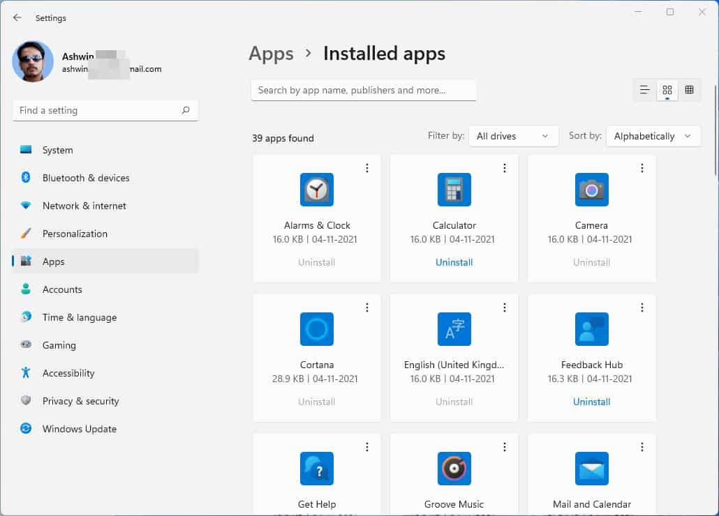 Windows 11 installed apps grid view