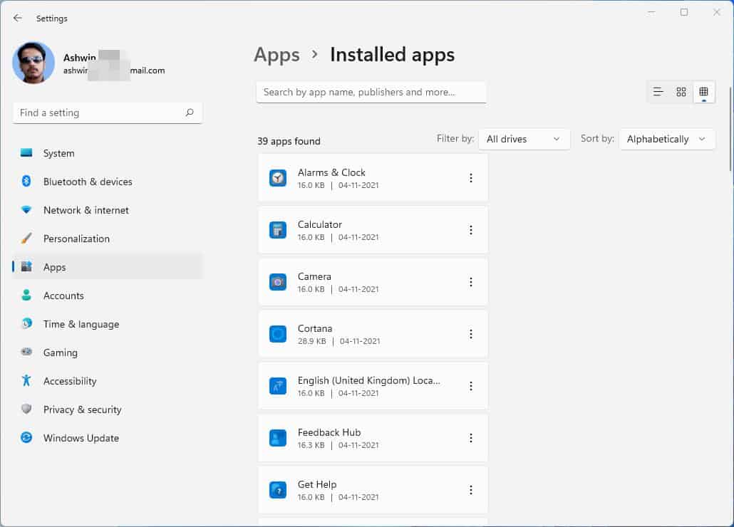 Windows 11 installed apps small grid view