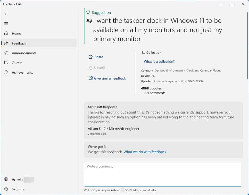 Orologio del monitor secondario di Windows 11 sulla barra delle applicazioni