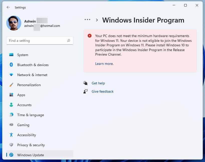 Windows Insider Program not meeting requirements
