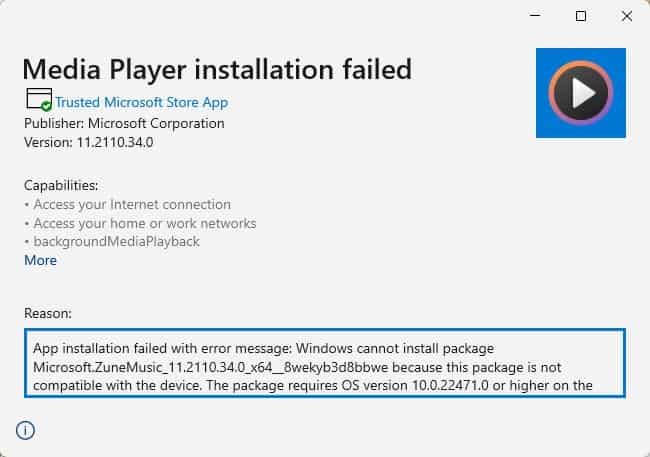 Windows Media Player installation failed