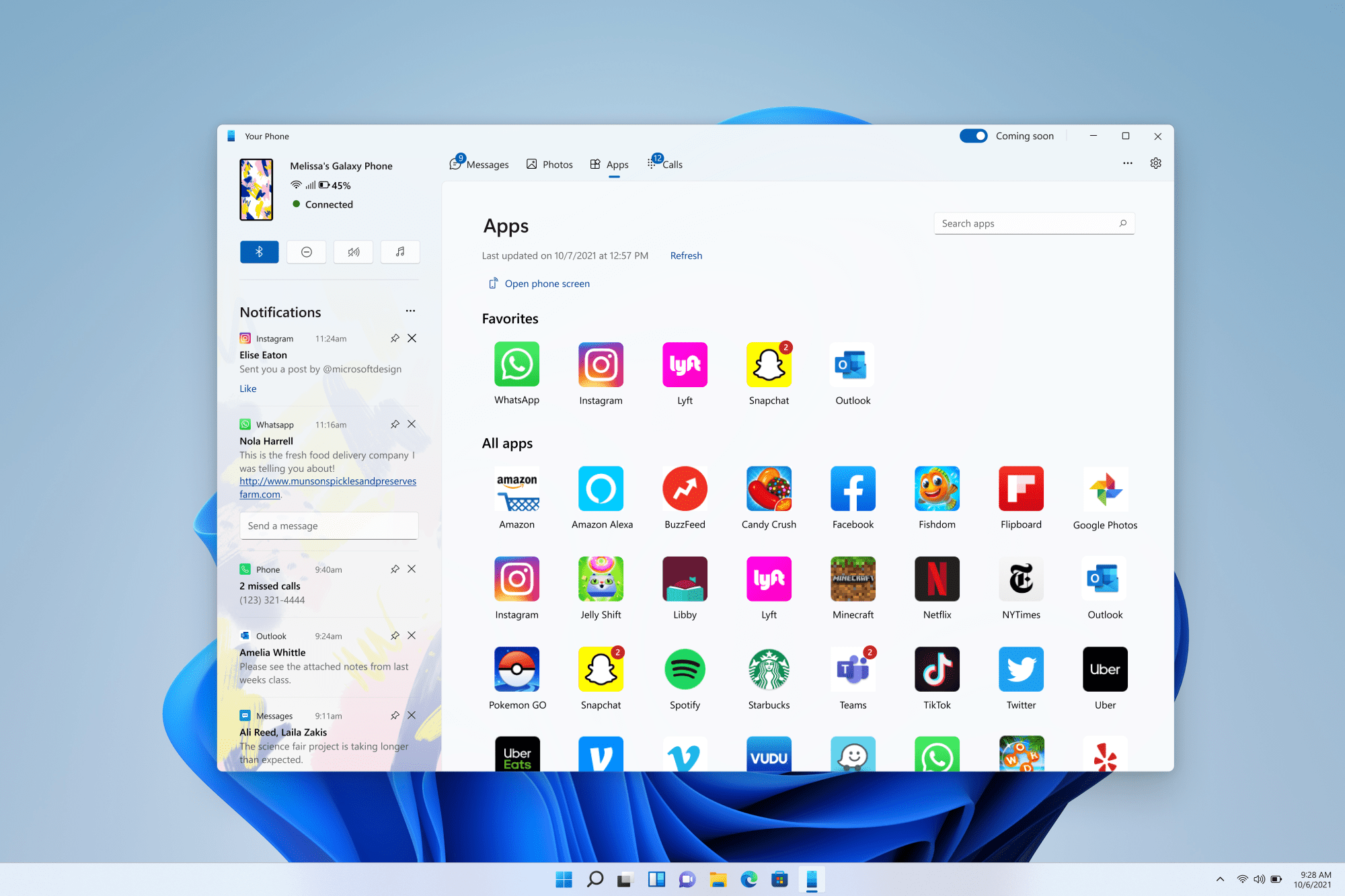 Your Phone app on Windows 11 showing apps
