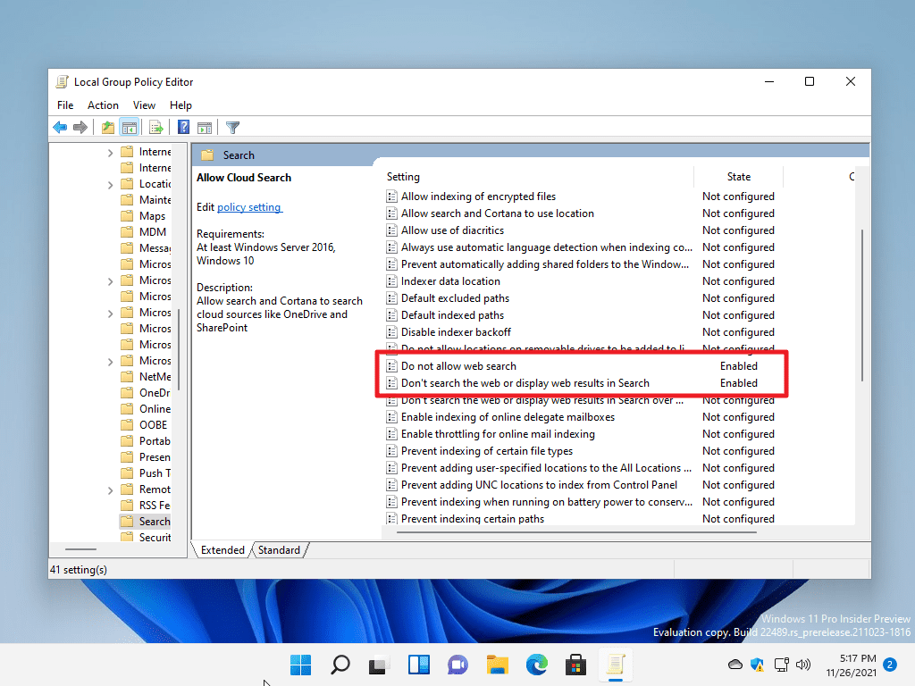 non consentire la ricerca web criteri di gruppo di Windows 11