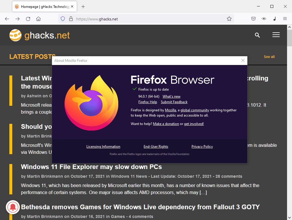 Firefox 94.0.1 fixes a browser hang issue on Mac OS X 10.12
