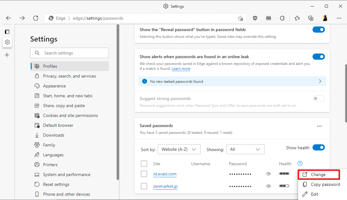 Microsoft Edge cambia password
