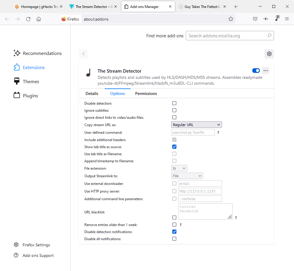 stream detector options