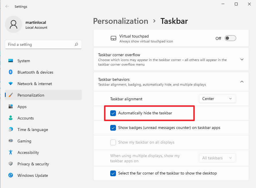 windows 11 automatically hide taskbar