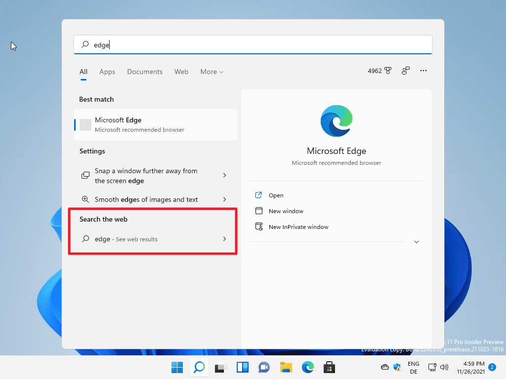 windows 11 web search example