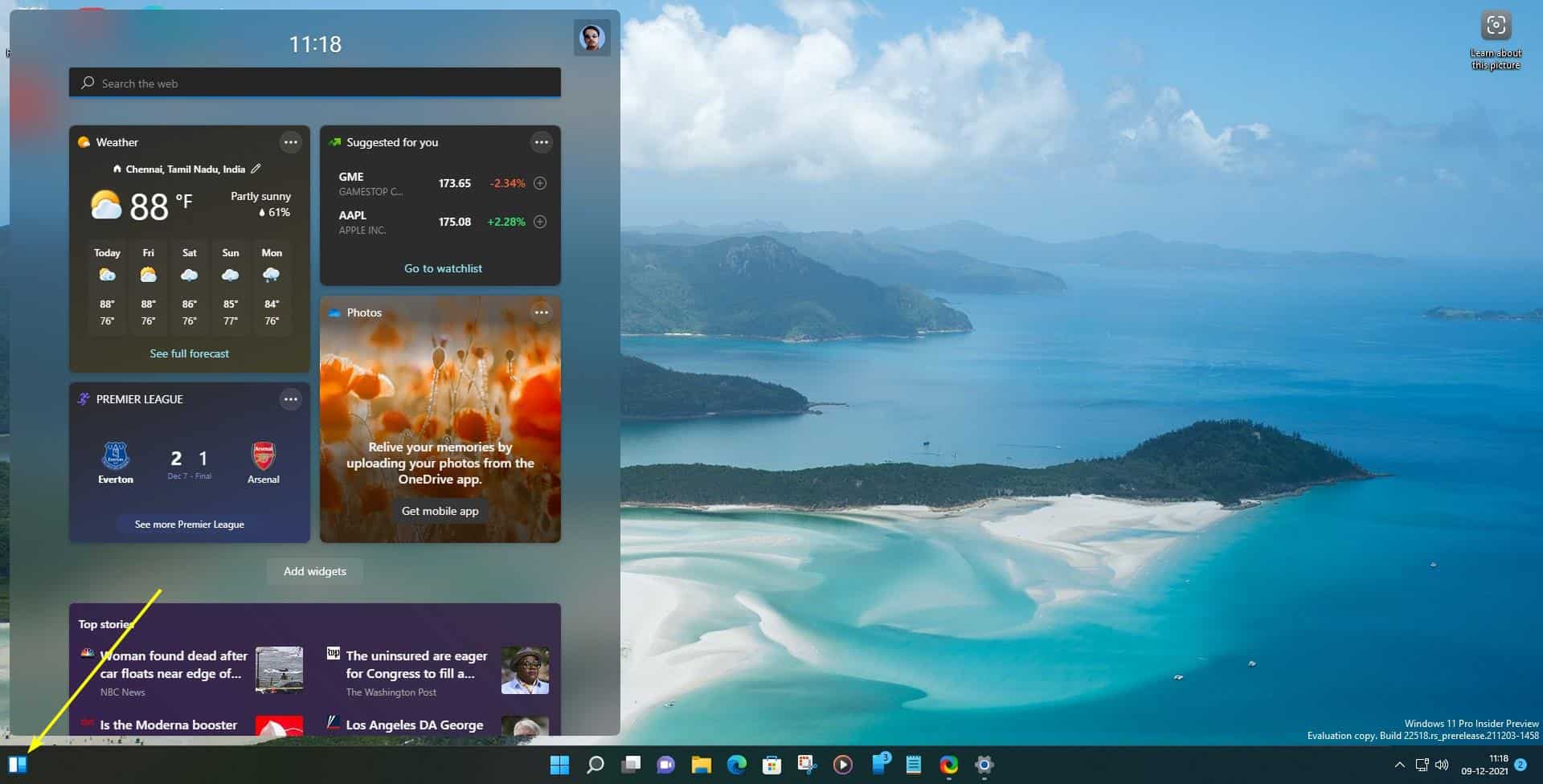 Windows 11 Insider Preview Build 22518 new widgets button position
