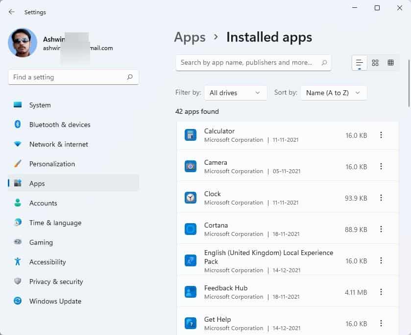 Windows 11 installed apps