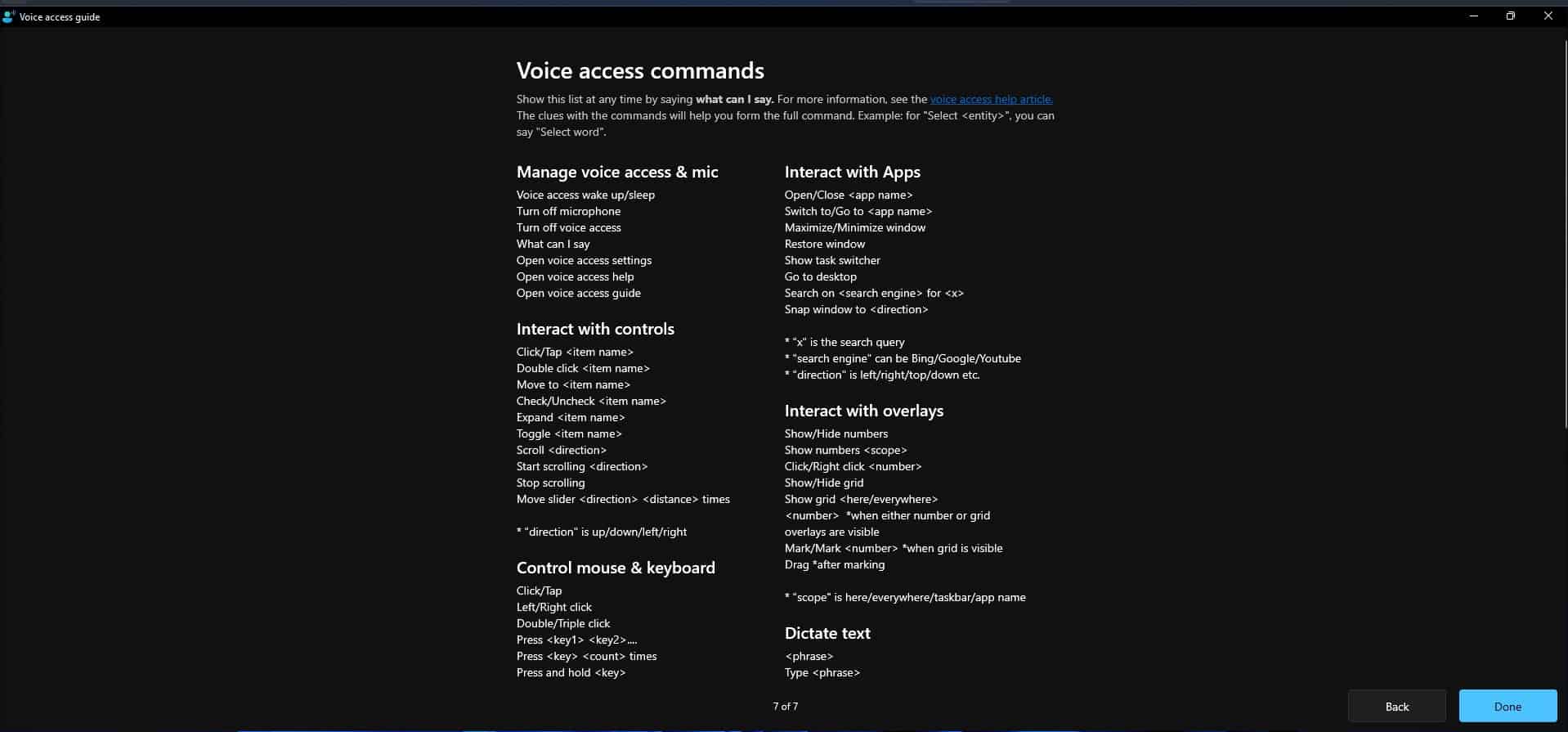 Windows 11 list of Voice Access commands