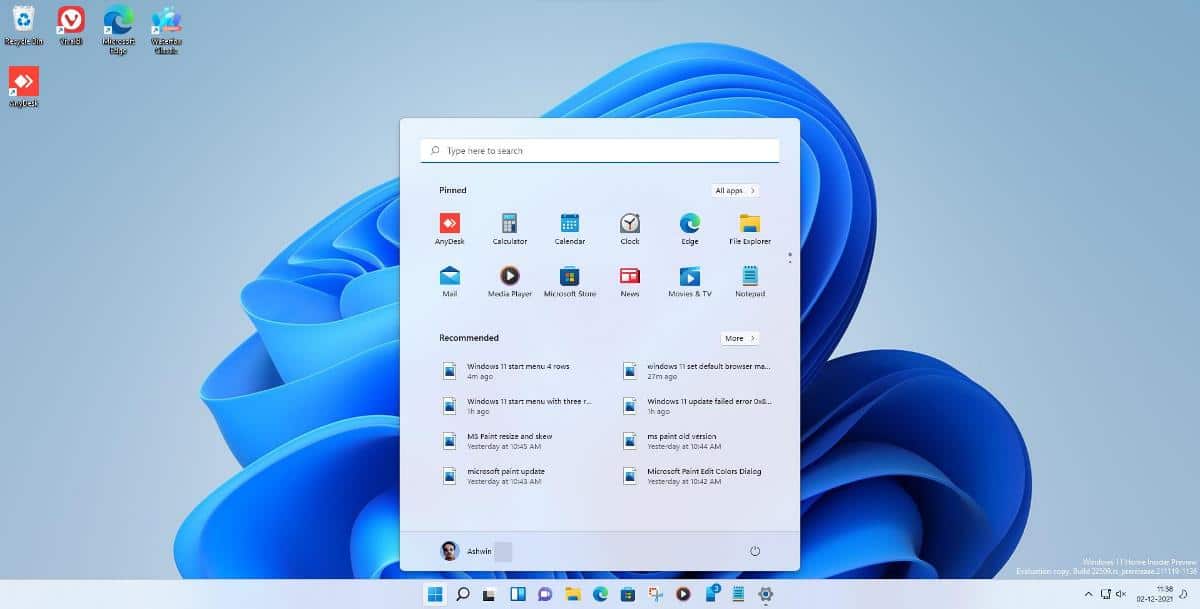 Windows 11 start menu with 4 rows of recommended shortcuts
