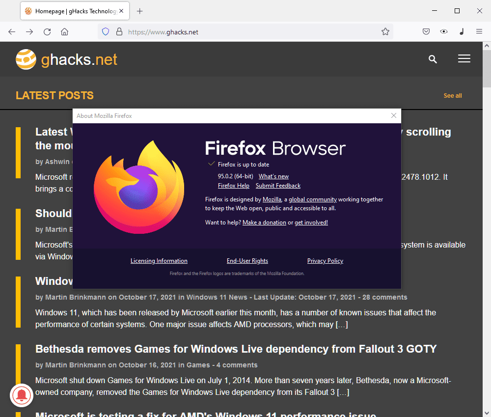 Firefox 95.0.2 fixes crashes on systems with certain AMD CPUs