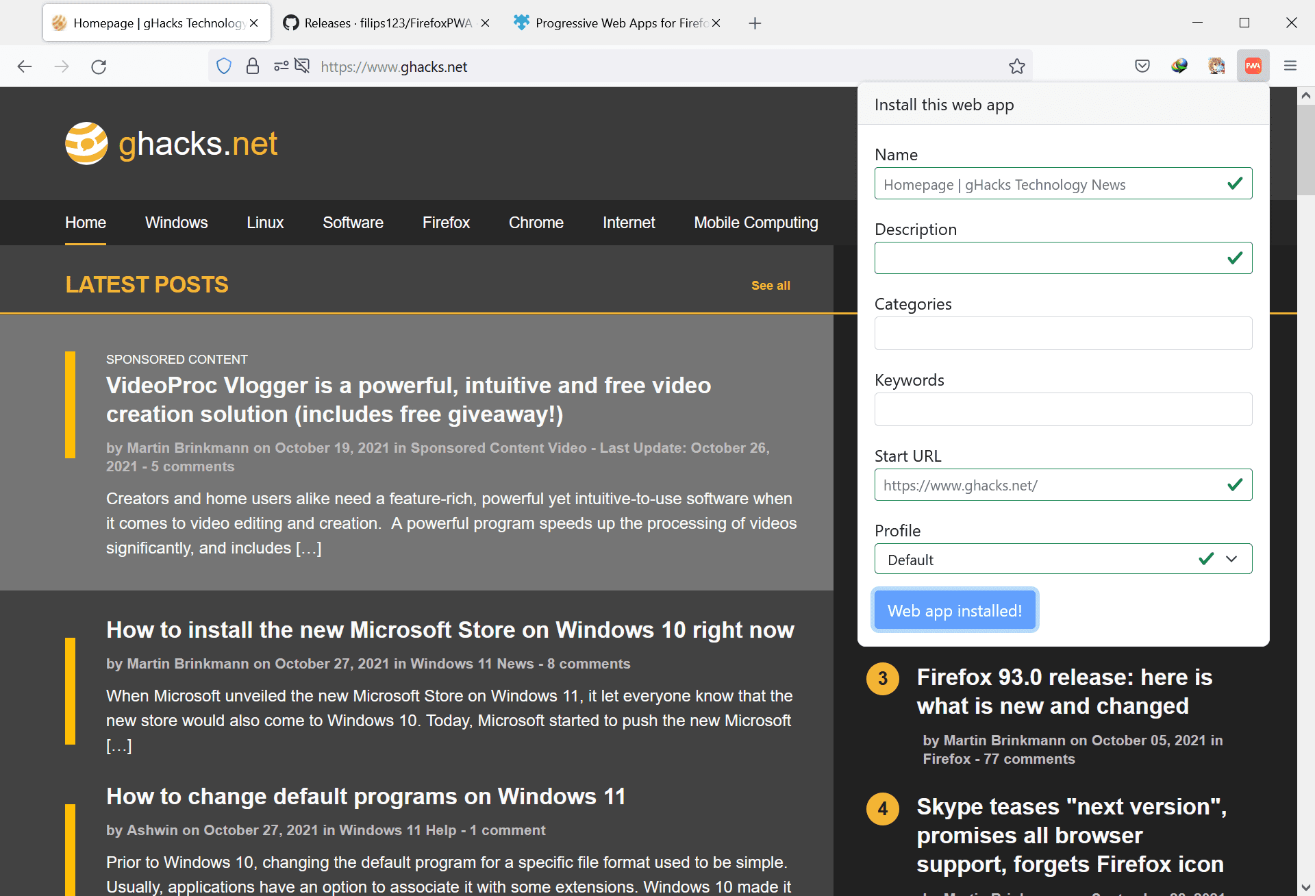 Firefox installa l'app web