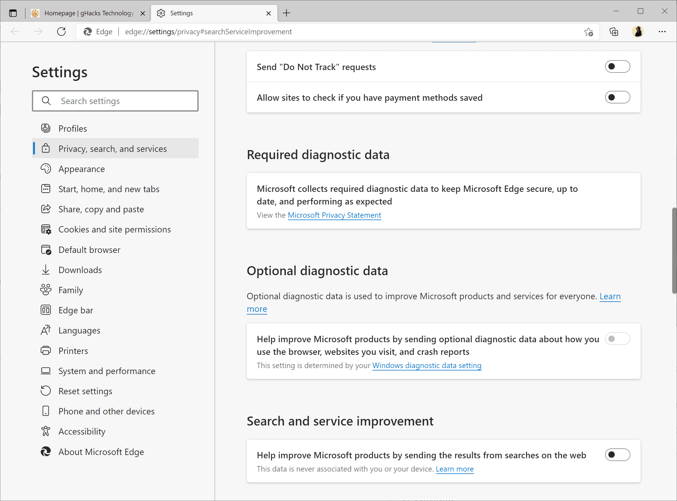 microsoft edge search data collection