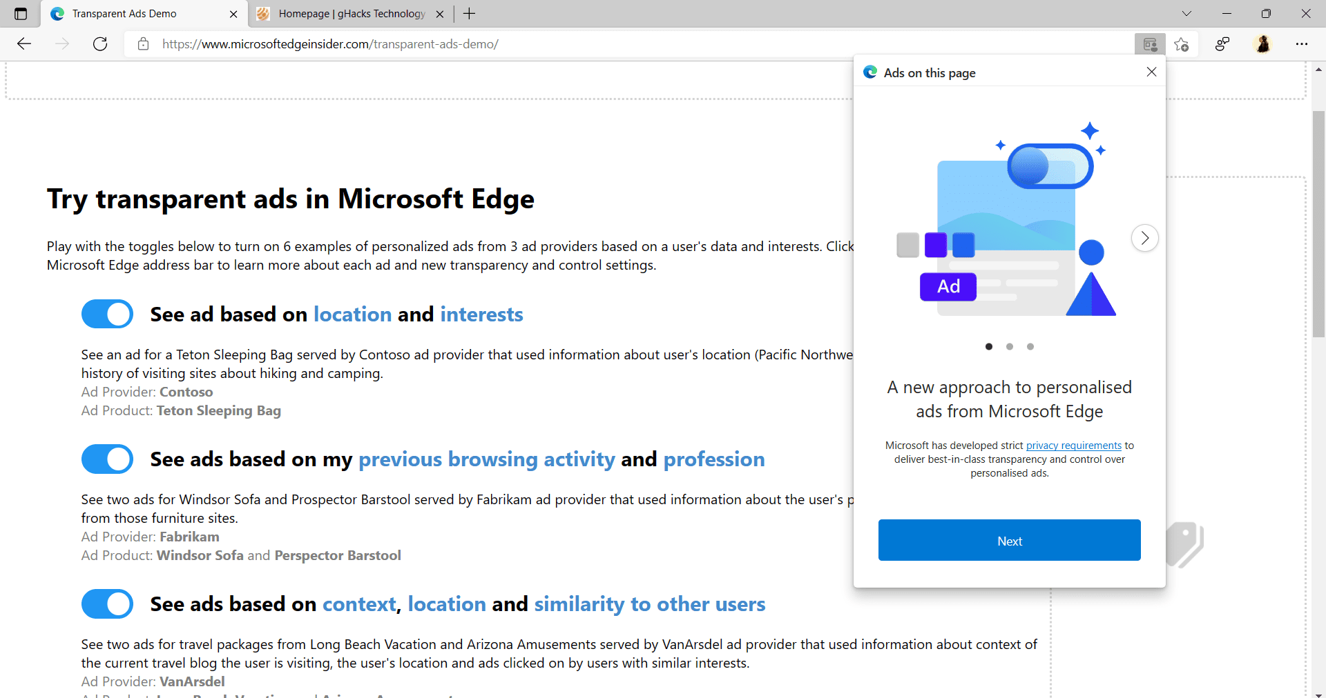 annunci trasparenti Microsoft Edge