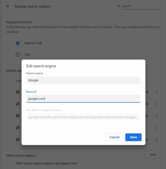 Google Chrome - edit search engine keyword