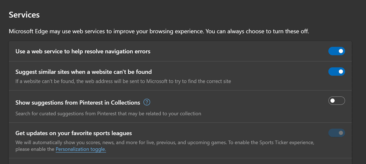 Microsoft Edge Sports ticker settings