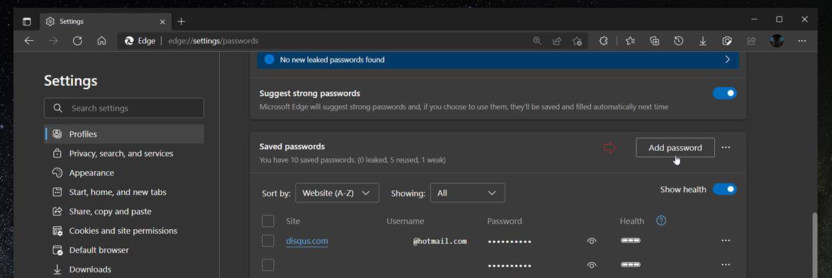 Microsoft Edge add passwords manually