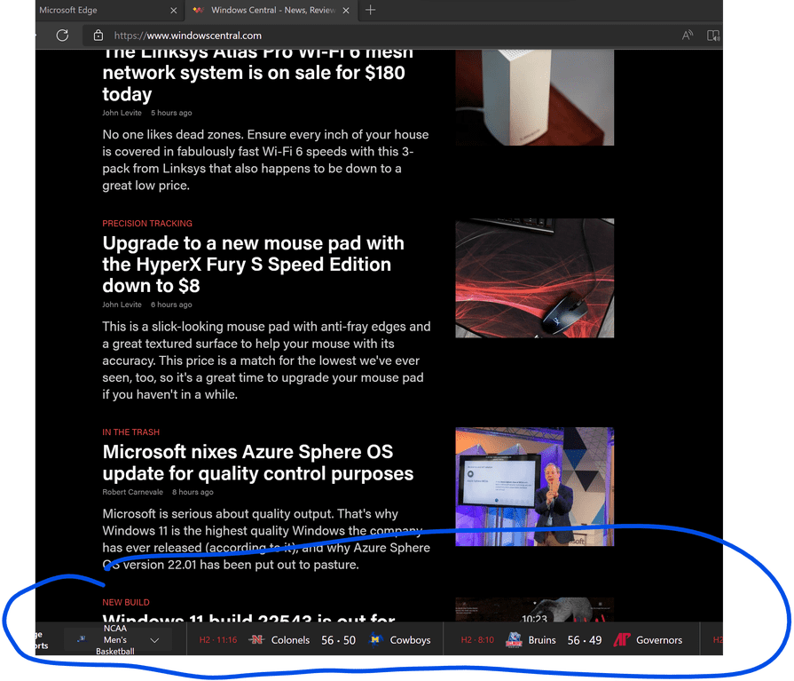 Microsoft Edge is testing a Sports Ticker to display Live Scores, News in all pages and new tabs