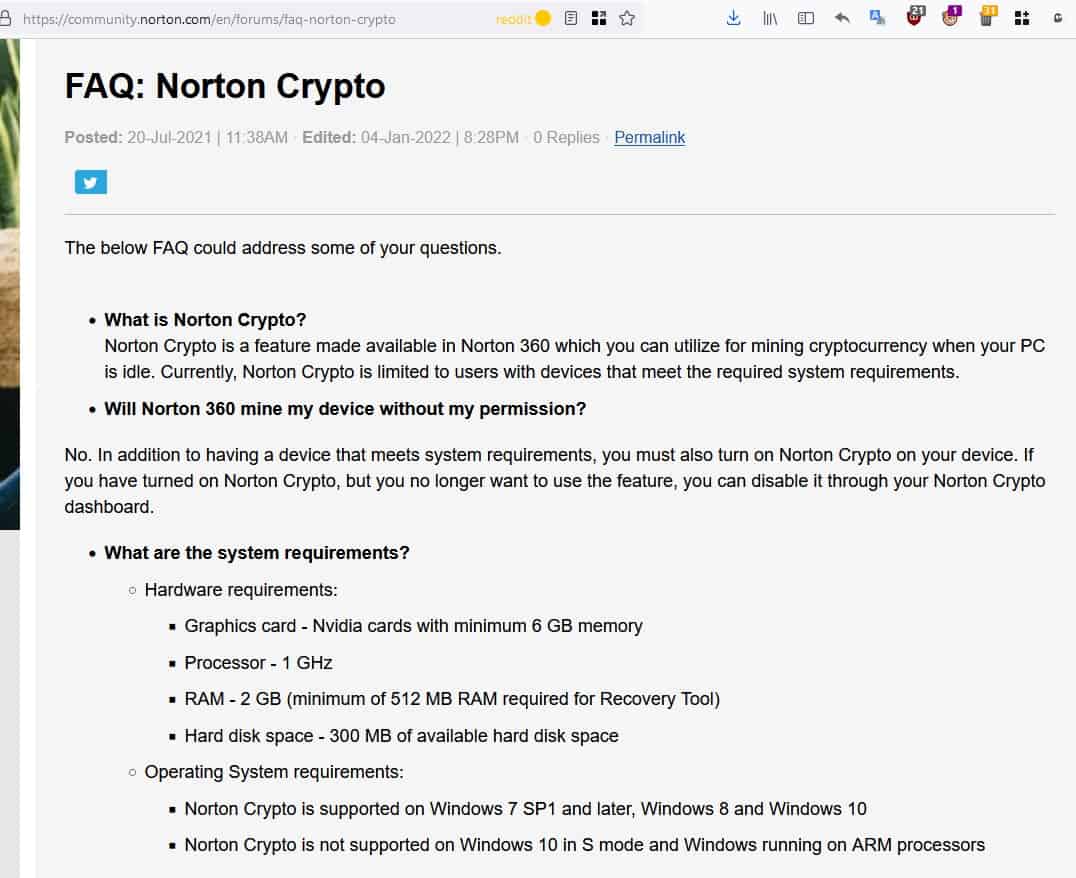 Is Norton 360 antivirus installing a crypto miner on PCs?