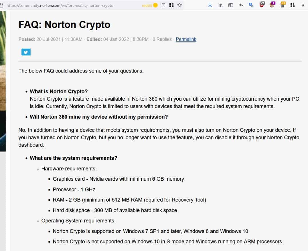 Users claim that Norton 360 antivirus installs a crypto miner on PCs by default