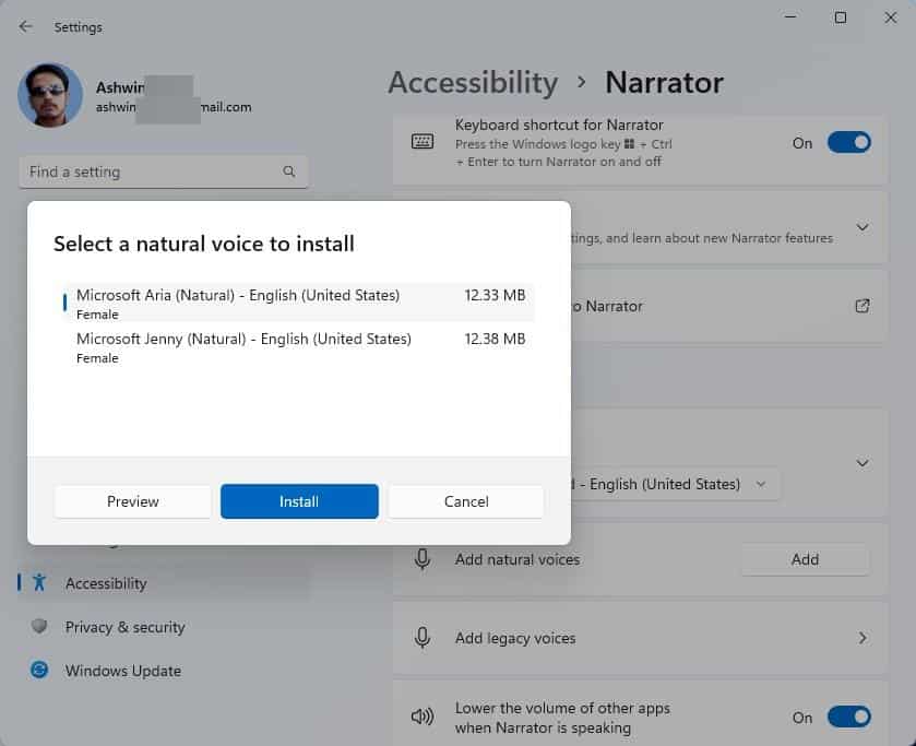 Windows 11 Insider Preview Build 22543 natural narrator voices