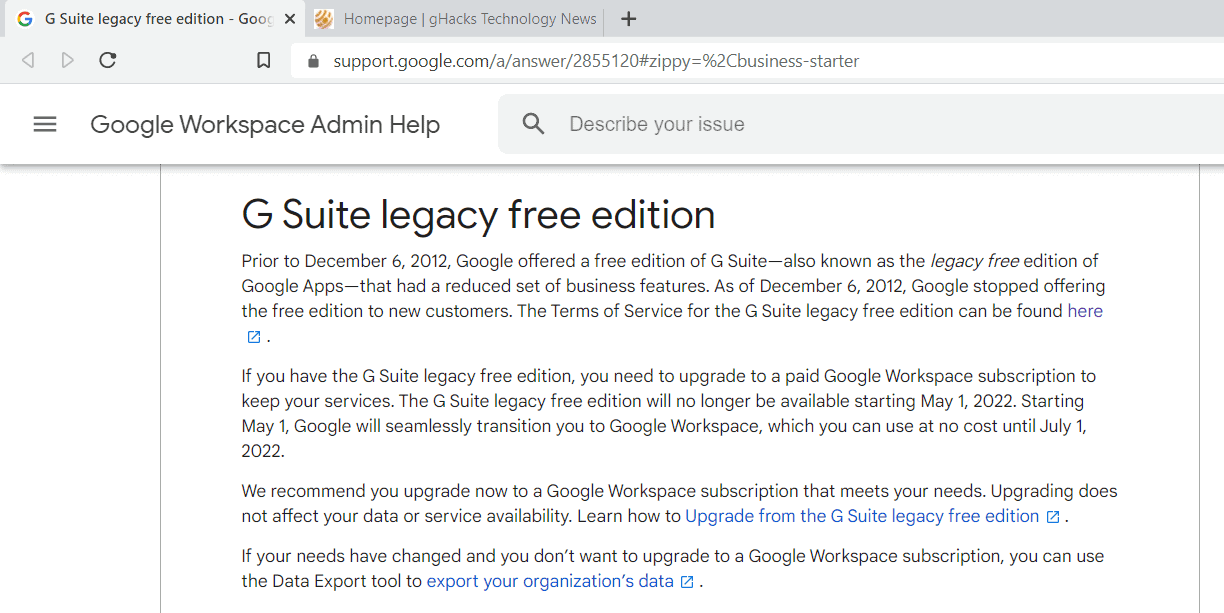 Google ends the G Suite legacy free edition leaving users worried - gHacks  Tech News