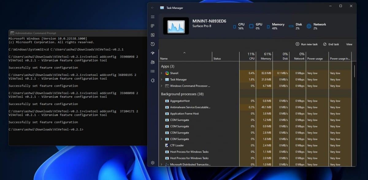 nuovo task manager di progettazione fluente nel tema scuro di Windows 11