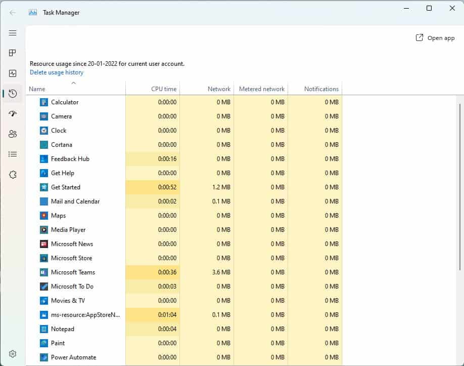 new task manager - windows 11 - App History