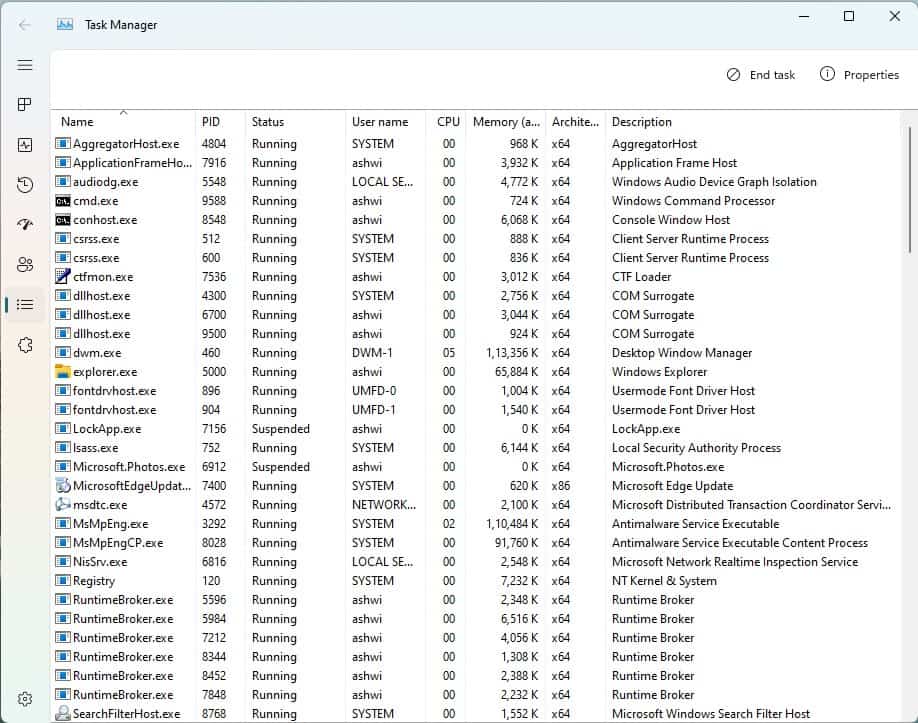 new task manager - windows 11 - Details