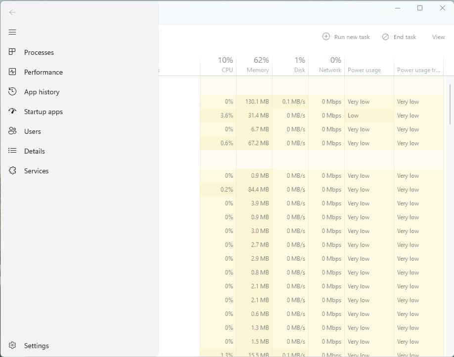 nuovo task manager - windows 11 - barra laterale