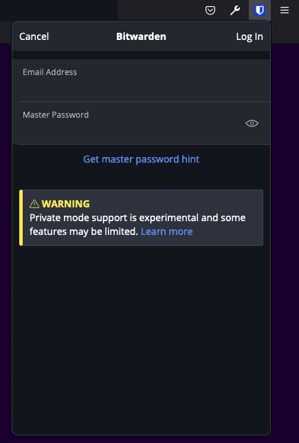 Bitwarden private windows in Firefox