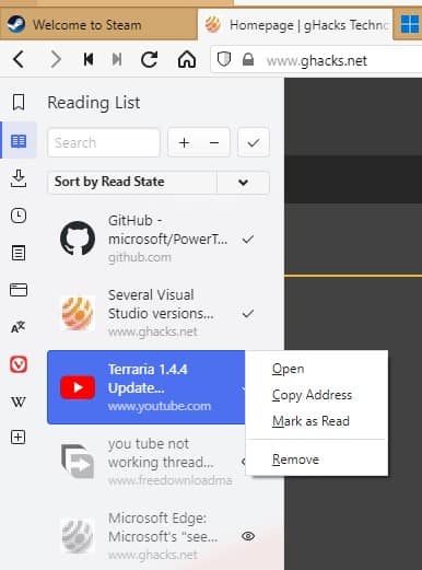 Vivaldi Reading list - right-click menu