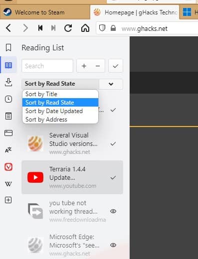 Vivaldi Reading list - sort menu
