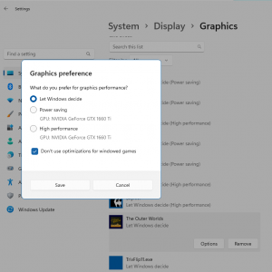 Windows 11 optimizations for windowed games settings